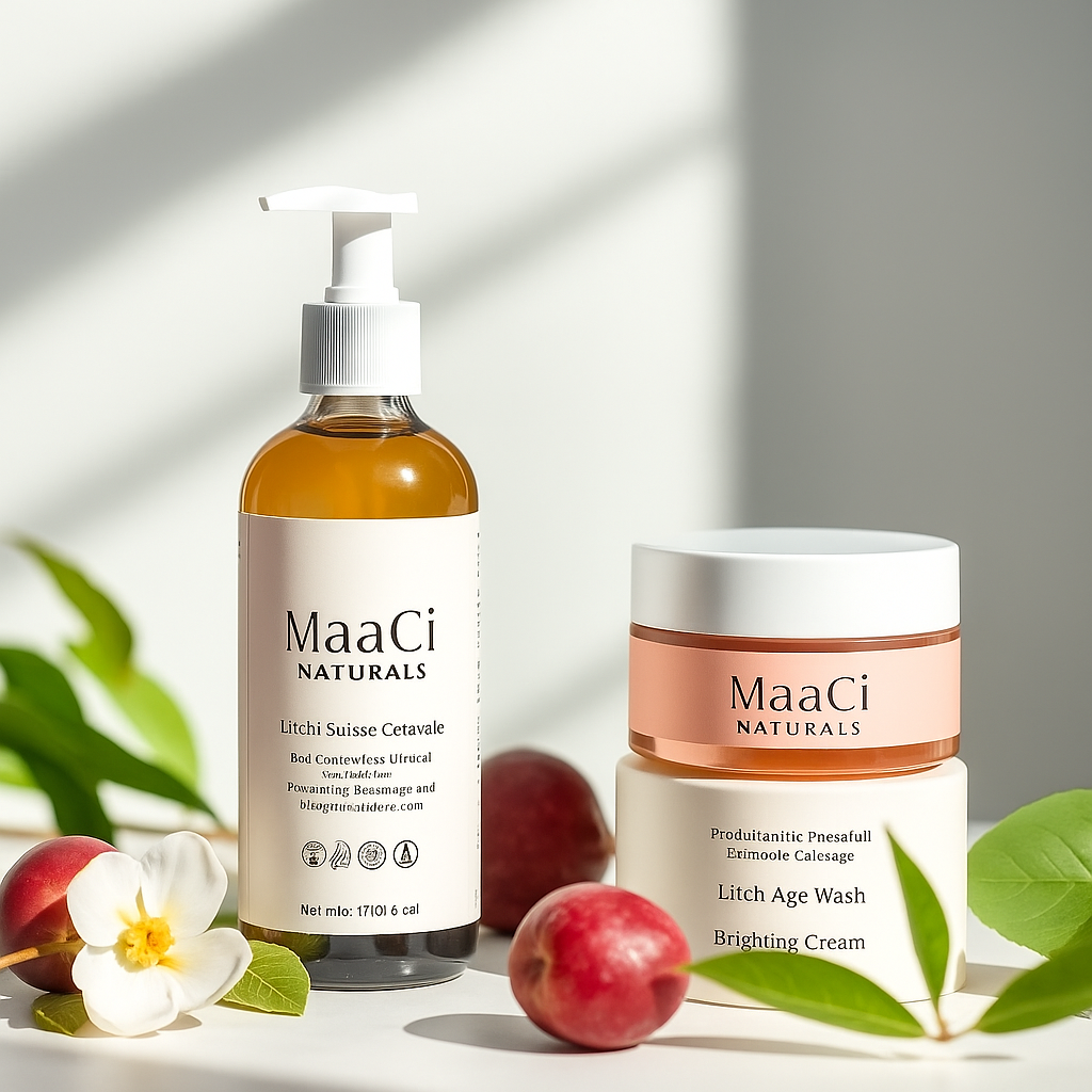 MaaCi Naturals logo in gold on a dark, elegant background with subtle botanical elements,